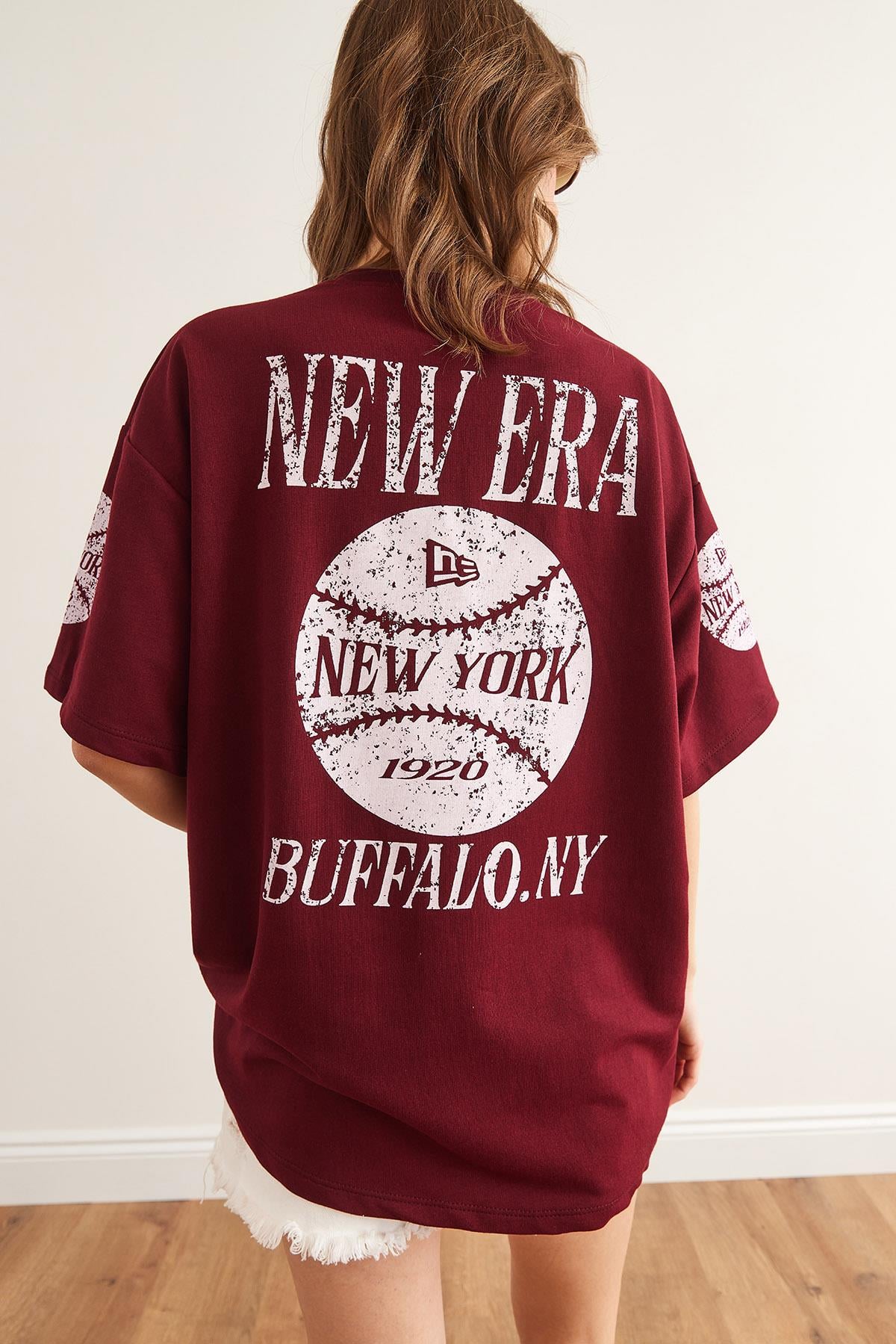 Ön Arka Baskılı 2 iplik Unisex Oversize Tişört Newyork Bordo