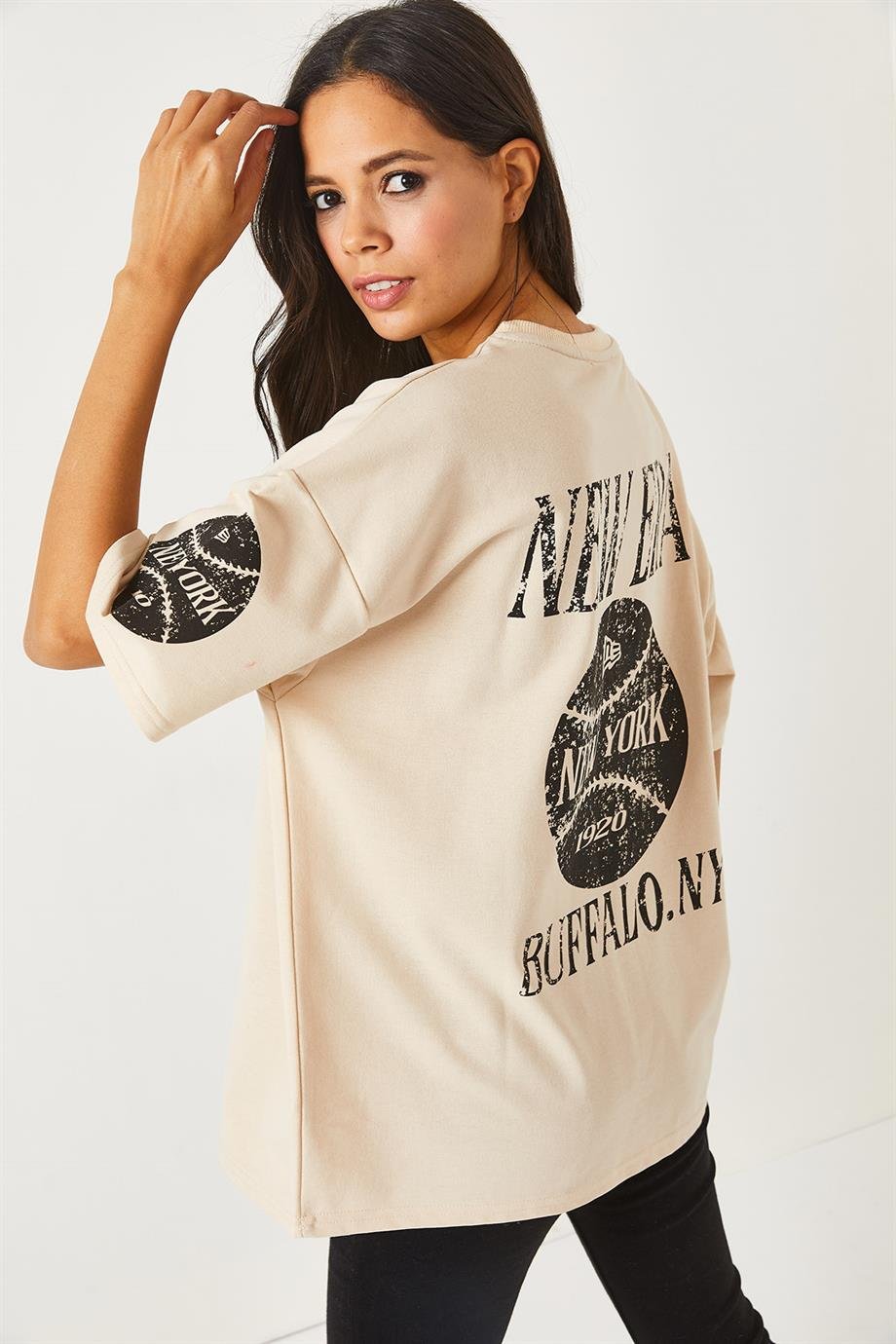 Ön Arka Baskılı 2 iplik Unisex Oversize Tişört Newyork Bej