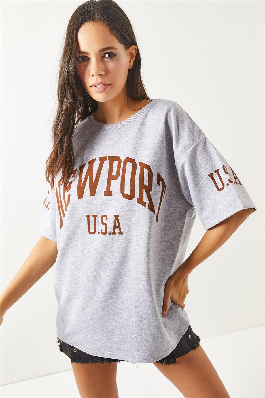 Ön Arka Baskılı 2 iplik Unisex Oversize Tişört Newport Gri