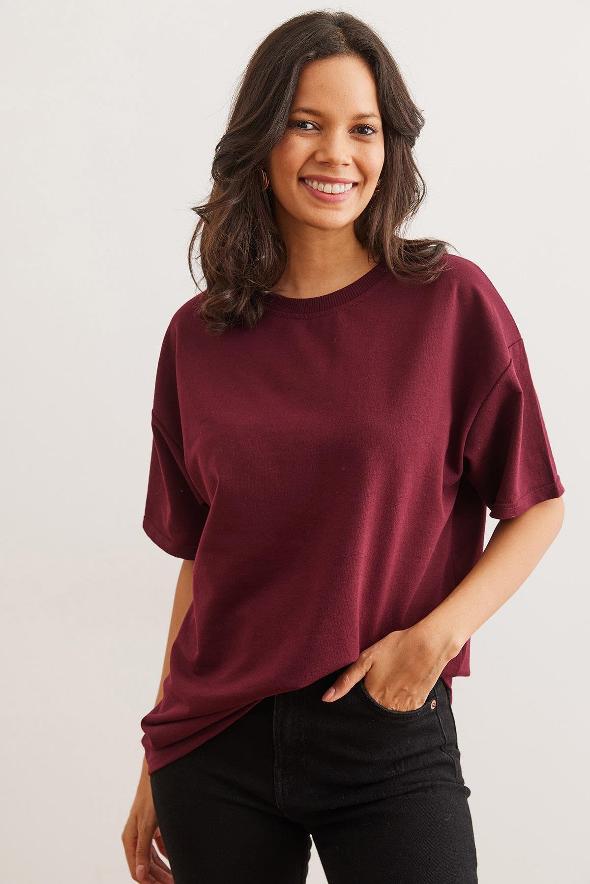 Ön Arka Baskılı 2 iplik Unisex Oversize Tişört Bordo
