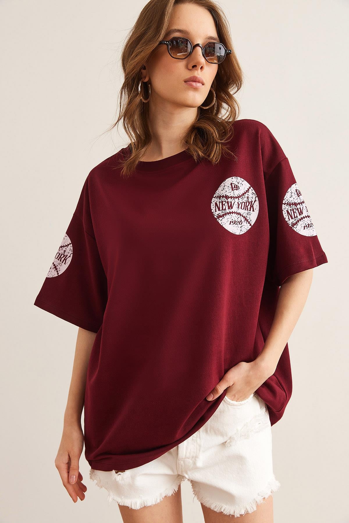 Ön Arka Baskılı 2 iplik Unisex Oversize Tişört Newyork Bordo