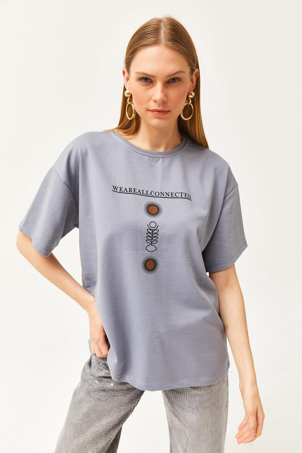 Ön Arka Baskılı 2 iplik Unisex Oversize Tişört Sembol Yunus Gri