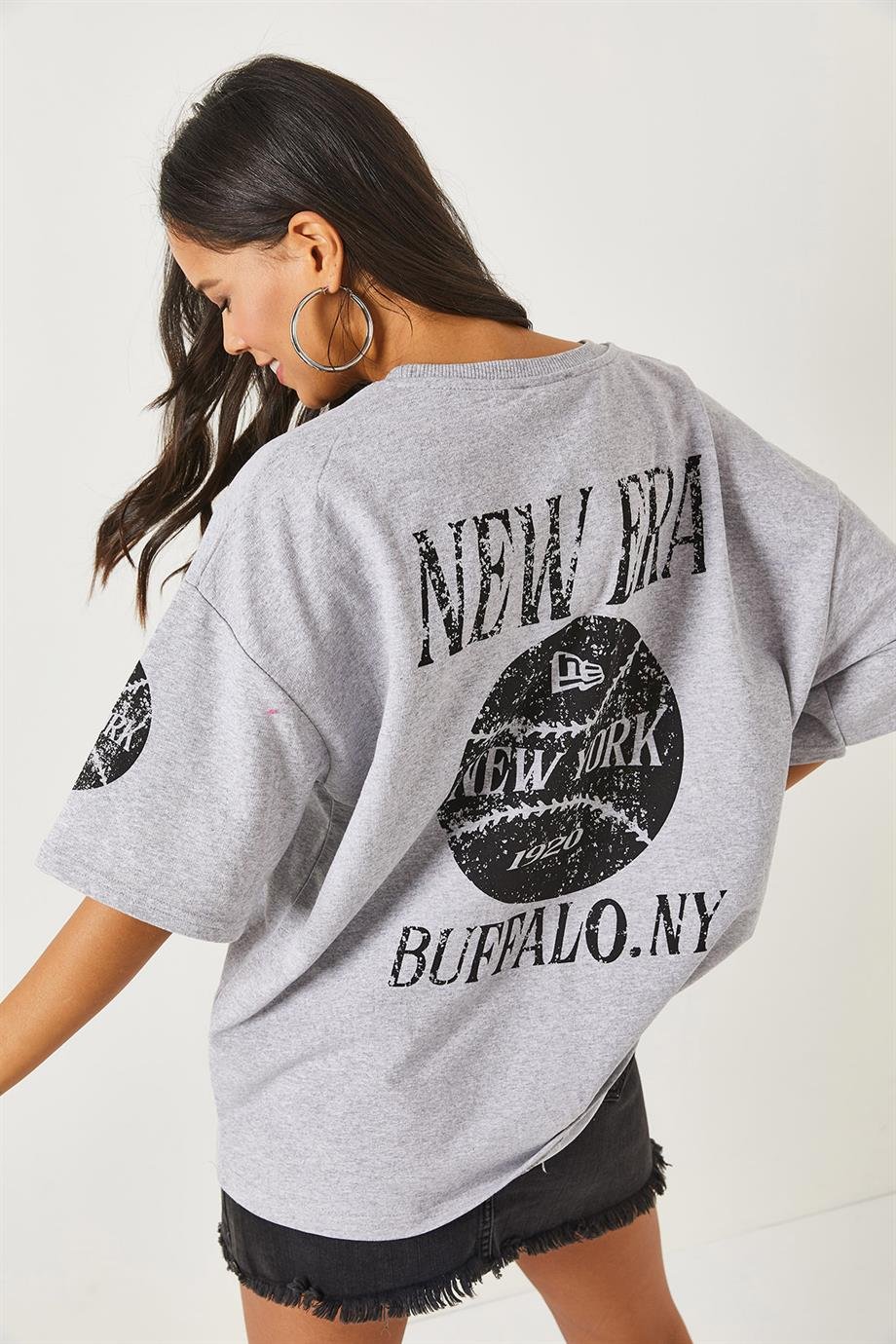 Ön Arka Baskılı 2 iplik Unisex Oversize Tişört Newyork Gri