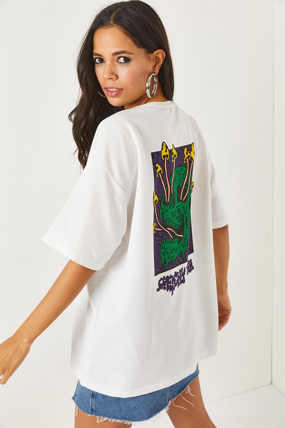 Ön Arka Baskılı 2 iplik Unisex Oversize Tişört Kuru Kafa Beyaz