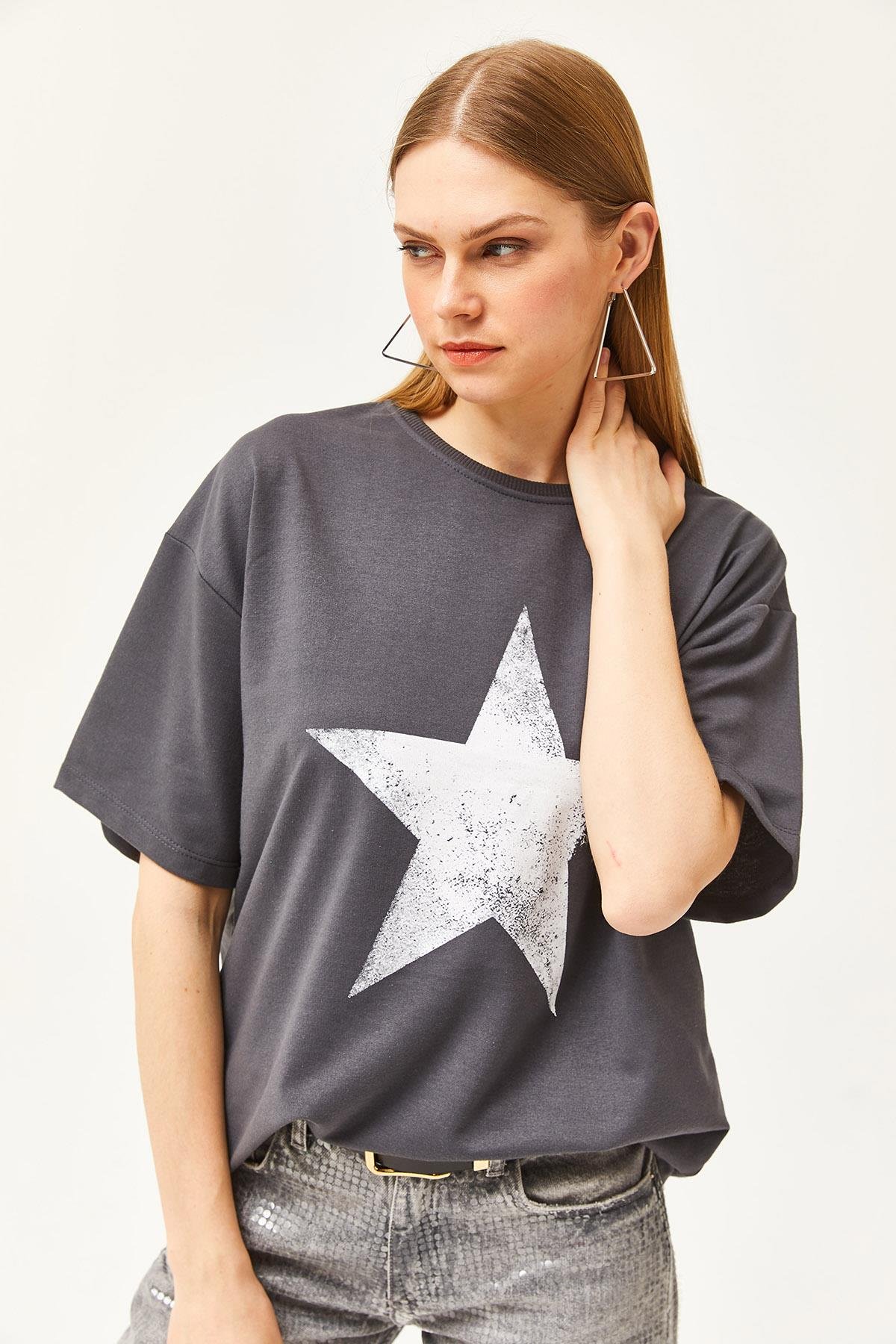 Ön Arka Baskılı 2 iplik Unisex Oversize Tişört Yıldız Füme