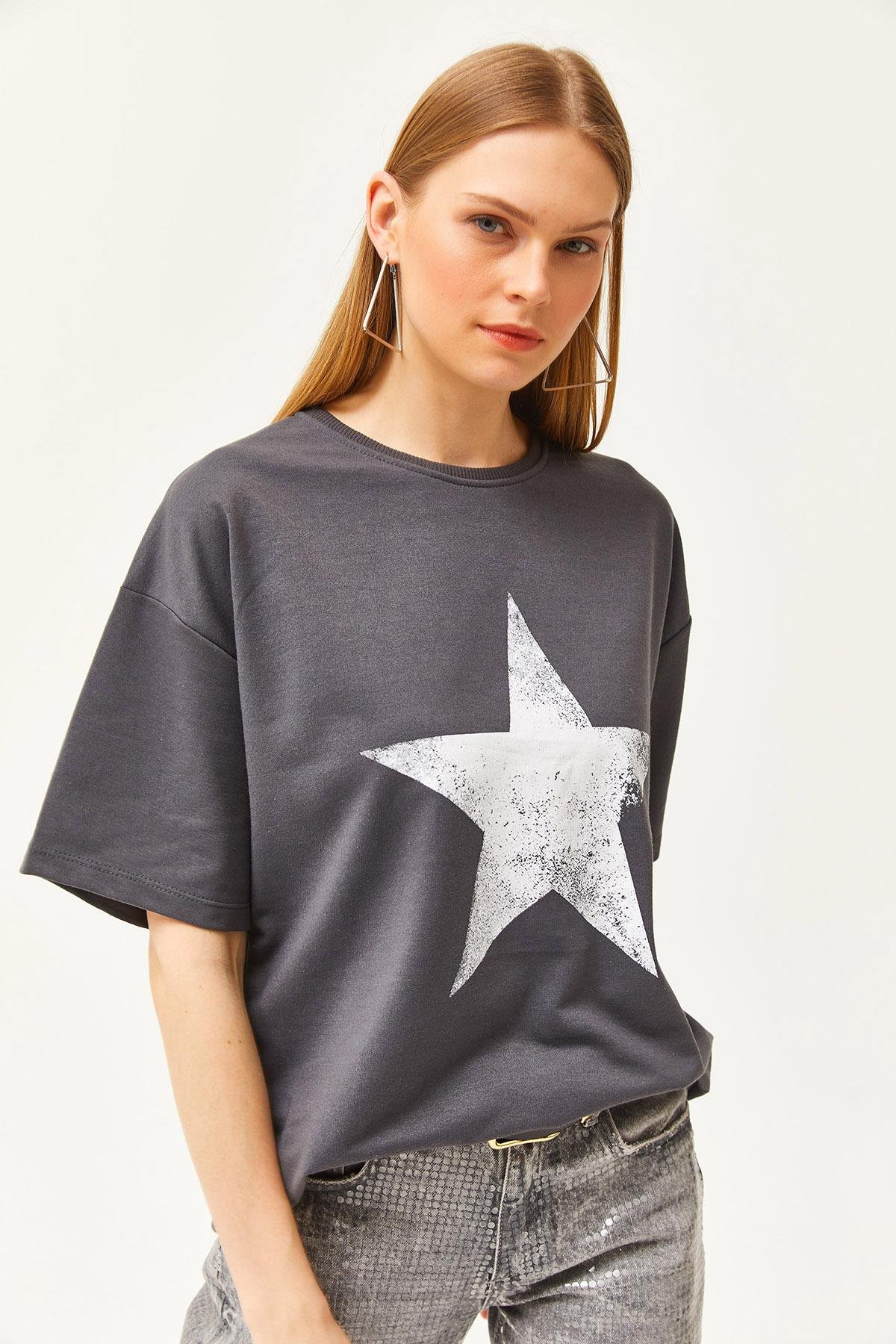 Ön Arka Baskılı 2 iplik Unisex Oversize Tişört Yıldız Füme