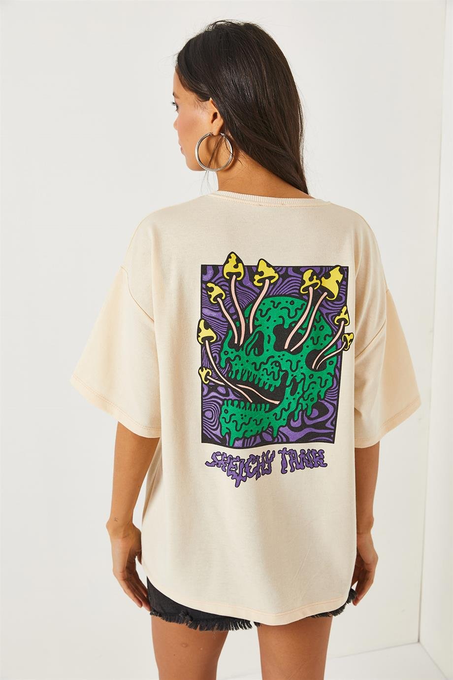 Ön Arka Baskılı 2 iplik Unisex Oversize Tişört Kuru Kafa Bej