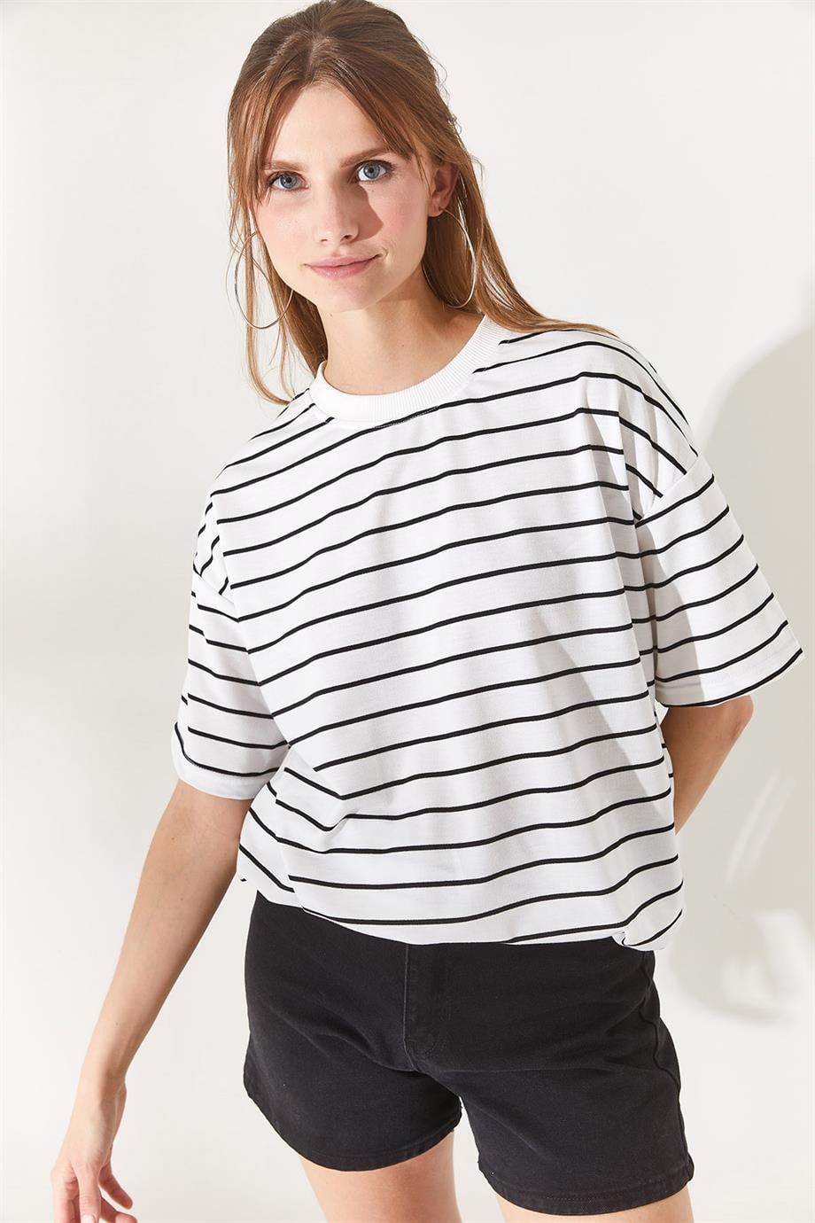 Ön Arka Baskılı 2 iplik Unisex Oversize Tişört Çizgili Beyaz