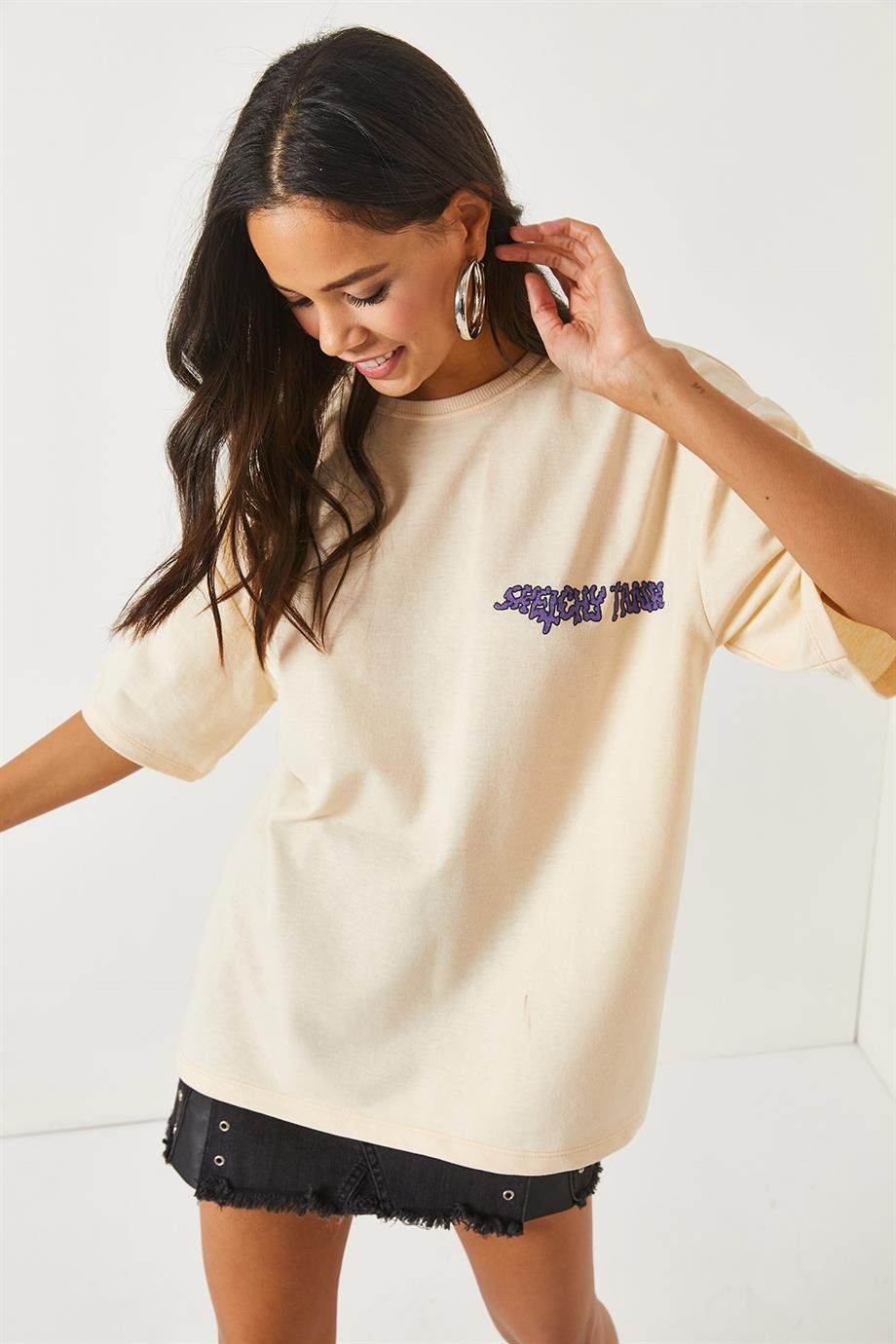 Ön Arka Baskılı 2 iplik Unisex Oversize Tişört Kuru Kafa Bej