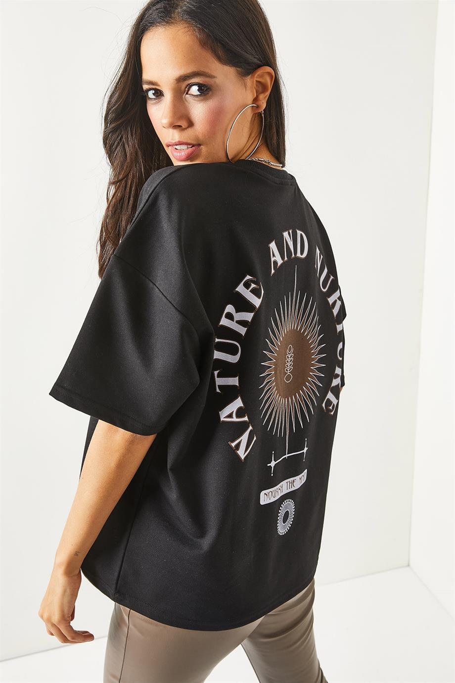 Ön Arka Baskılı 2 iplik Unisex Oversize Tişört Sembol Siyah