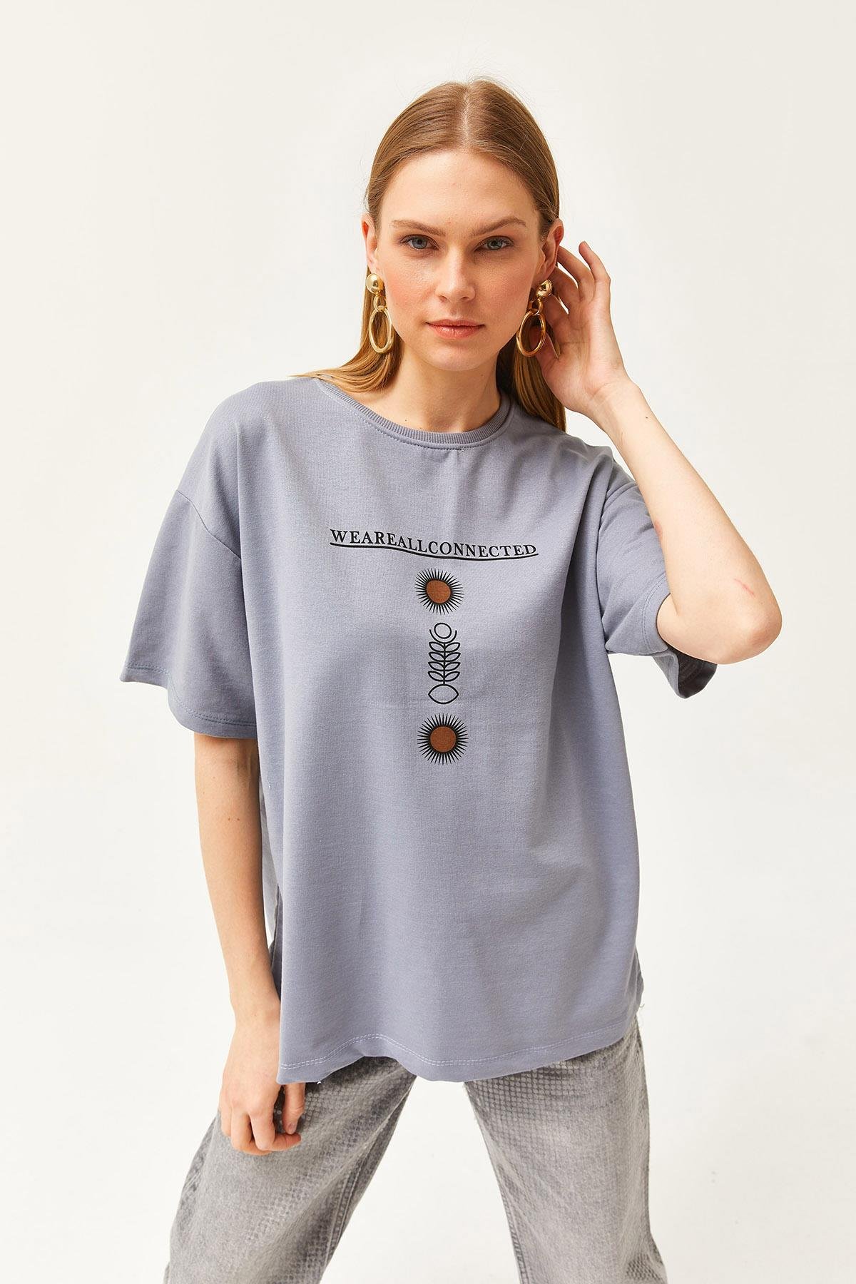 Ön Arka Baskılı 2 iplik Unisex Oversize Tişört Sembol Yunus Gri