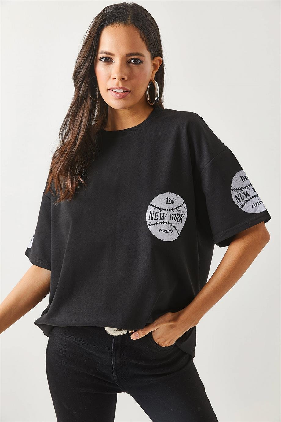 Ön Arka Baskılı 2 iplik Unisex Oversize Tişört Newyork Siyah