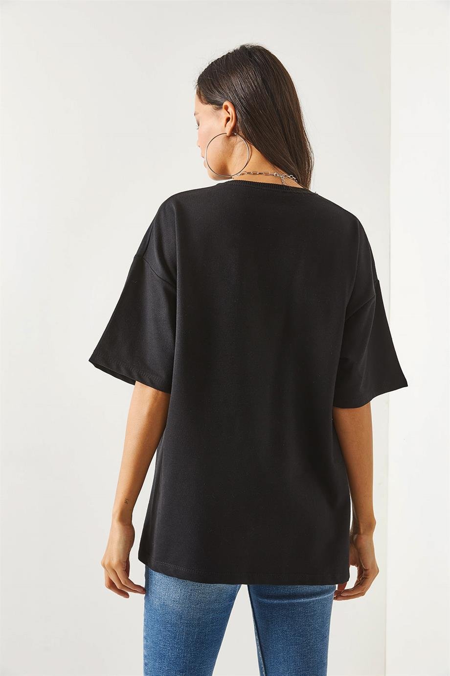 Ön Arka Baskılı 2 iplik Unisex Oversize Tişört Düz Siyah