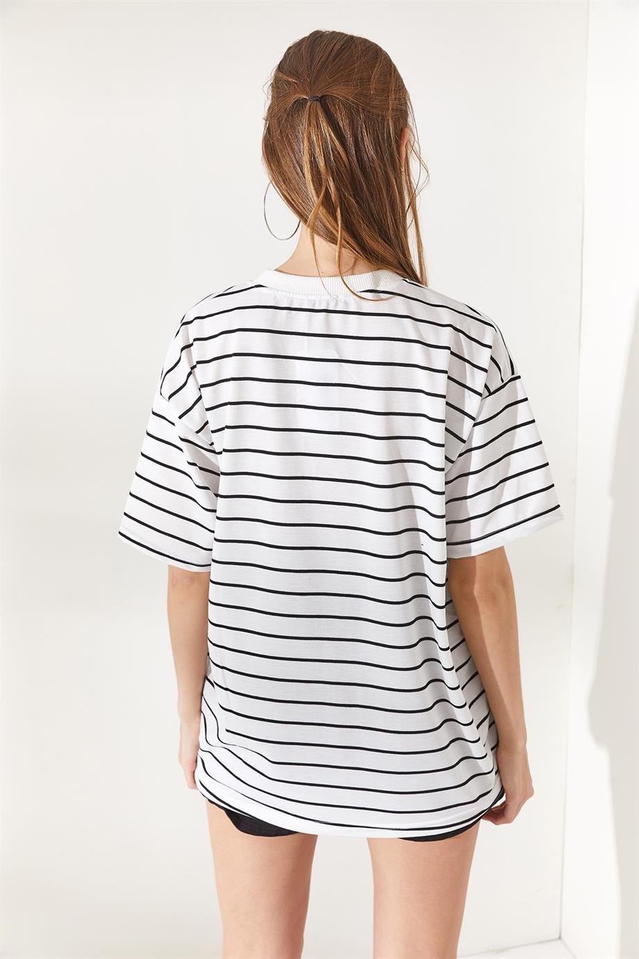 Ön Arka Baskılı 2 iplik Unisex Oversize Tişört Çizgili Beyaz