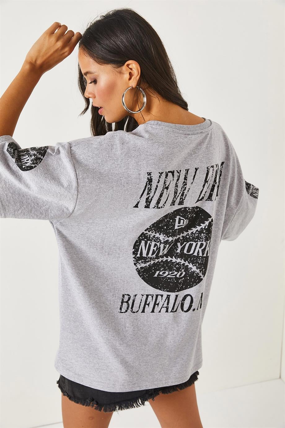 Ön Arka Baskılı 2 iplik Unisex Oversize Tişört Newyork Gri