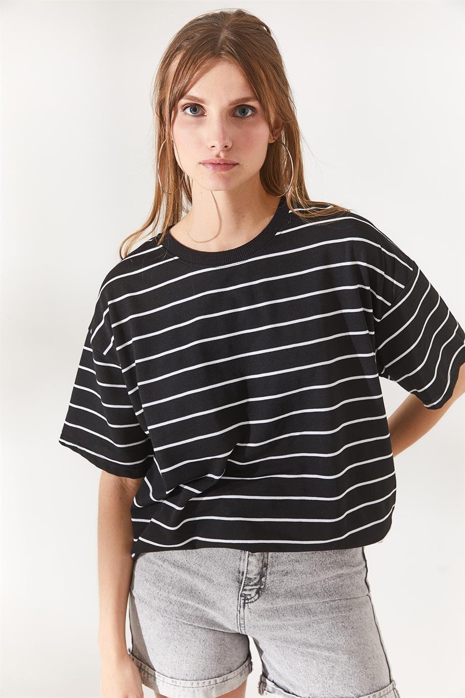 Ön Arka Baskılı 2 iplik Unisex Oversize Tişört Çizgili Siyah