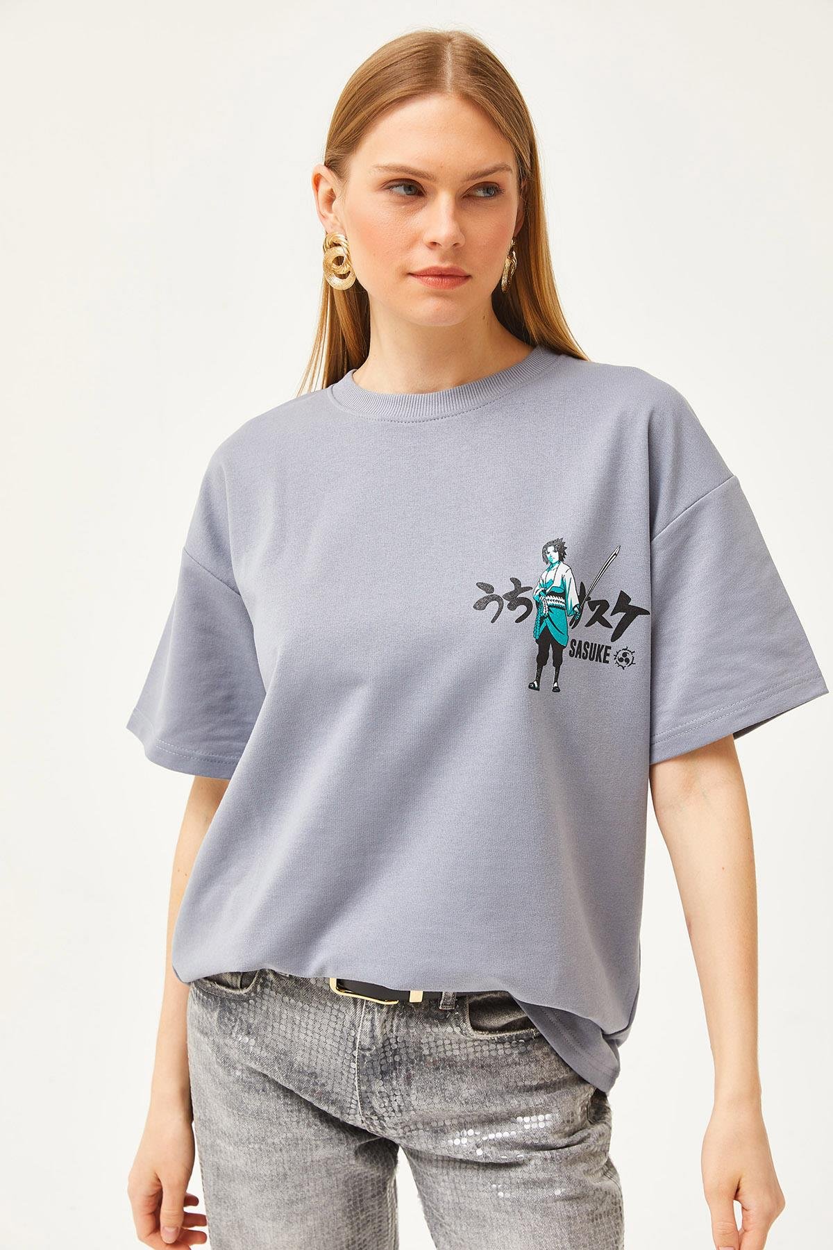 Ön Arka Baskılı 2 iplik Unisex Oversize Tişört Japon Gri