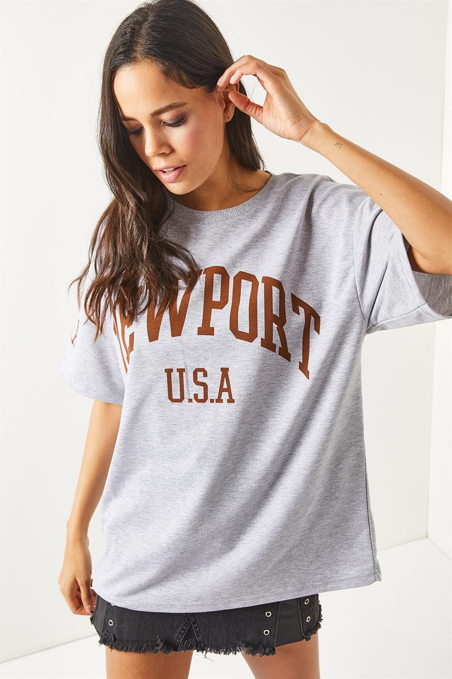 Ön Arka Baskılı 2 iplik Unisex Oversize Tişört Newport Gri