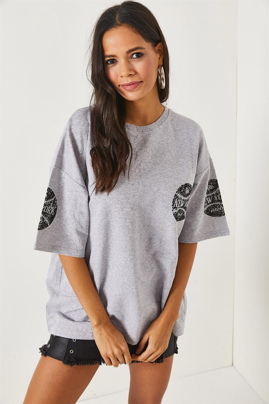 Ön Arka Baskılı 2 iplik Unisex Oversize Tişört Newyork Gri