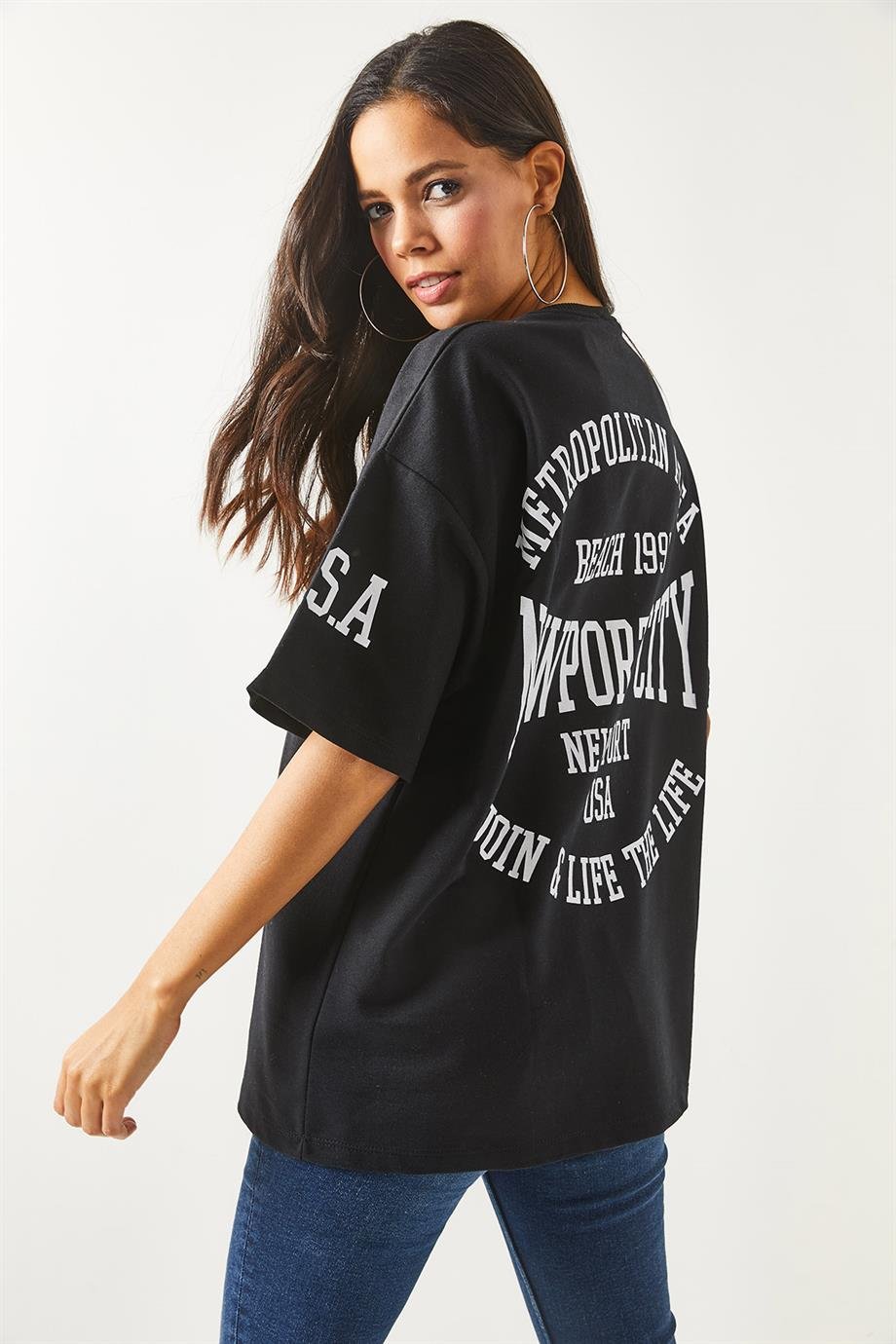 Ön Arka Baskılı 2 iplik Unisex Oversize Tişört Newport Siyah