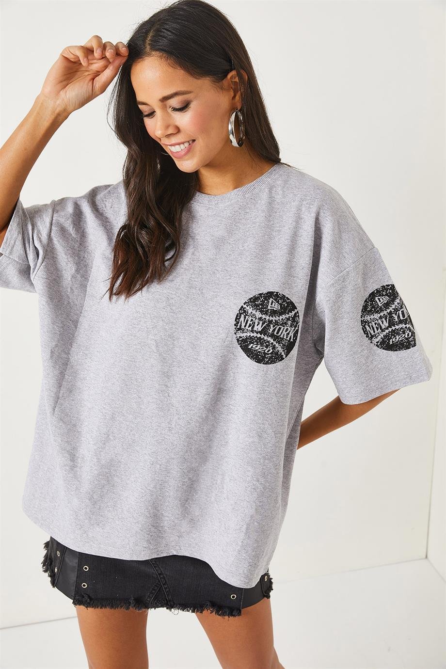 Ön Arka Baskılı 2 iplik Unisex Oversize Tişört Newyork Gri