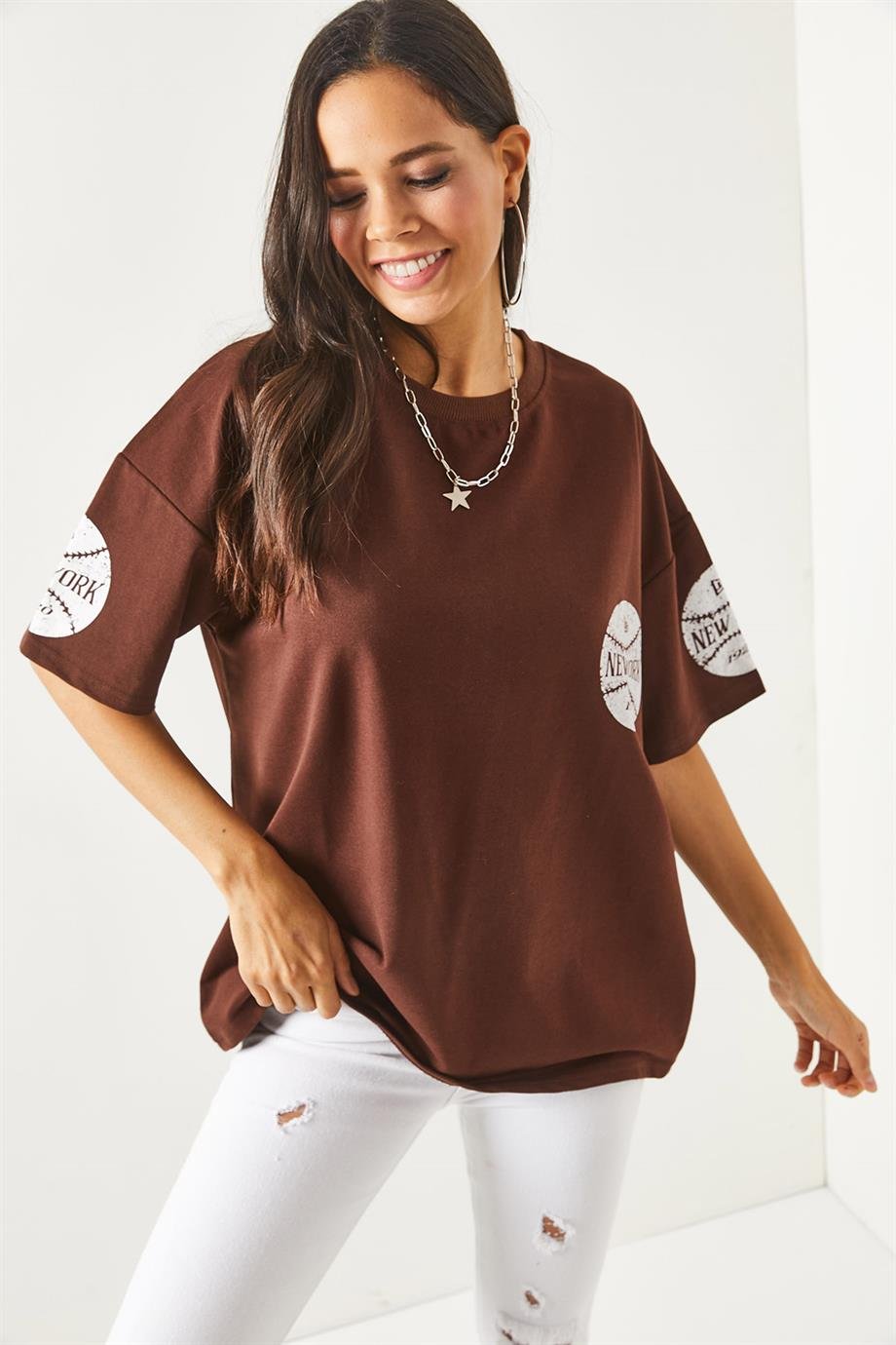 Ön Arka Baskılı 2 iplik Unisex Oversize Tişört Newyork Acı Kahve