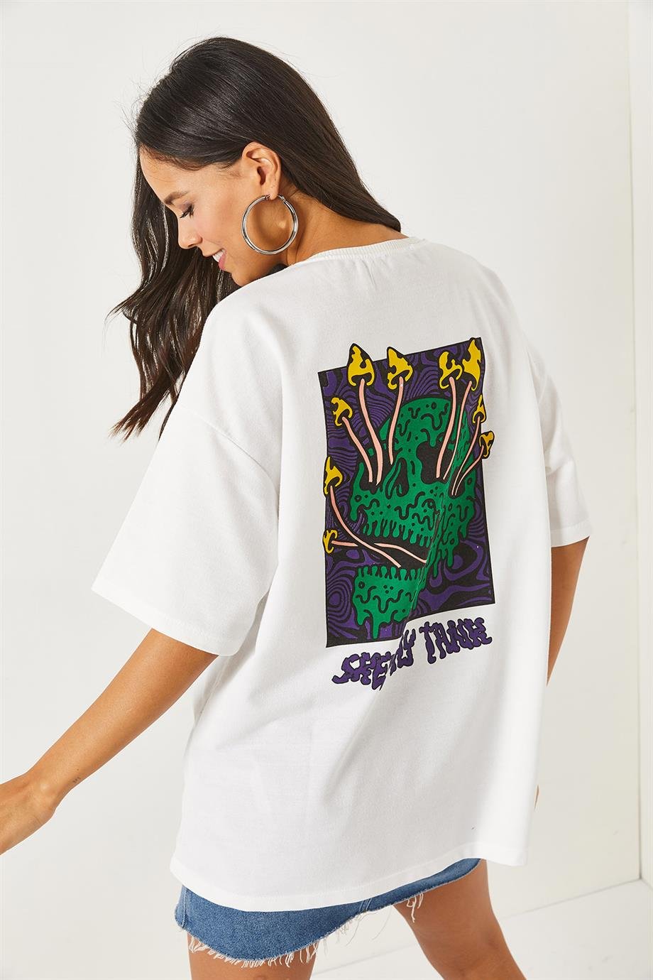 Ön Arka Baskılı 2 iplik Unisex Oversize Tişört Kuru Kafa Beyaz