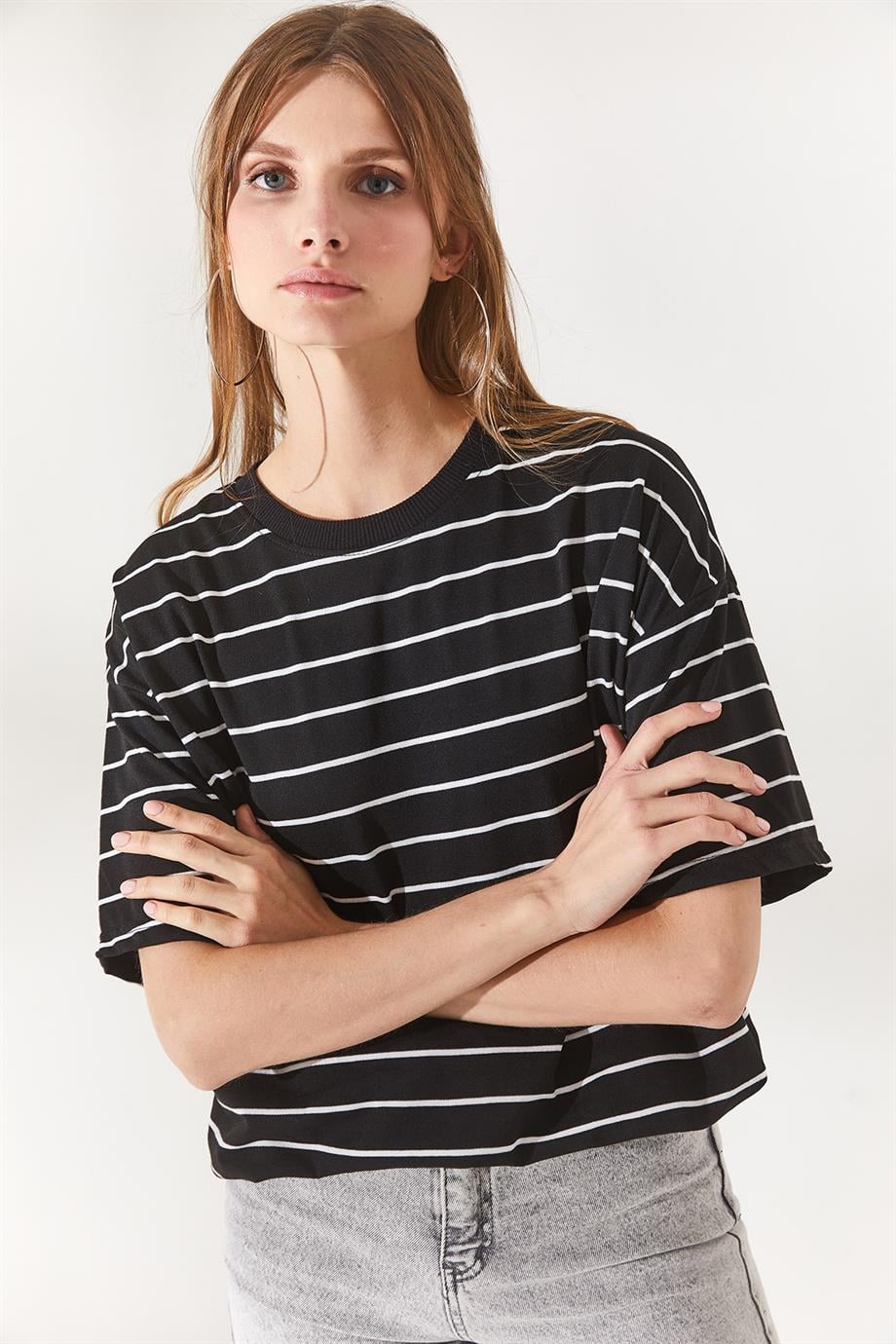 Ön Arka Baskılı 2 iplik Unisex Oversize Tişört Çizgili Siyah