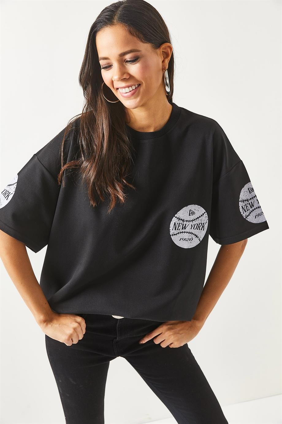 Ön Arka Baskılı 2 iplik Unisex Oversize Tişört Newyork Siyah