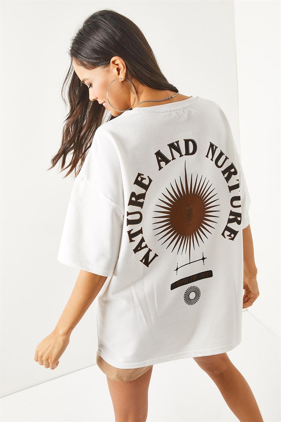 Ön Arka Baskılı 2 iplik Unisex Oversize Tişört Sembol Beyaz