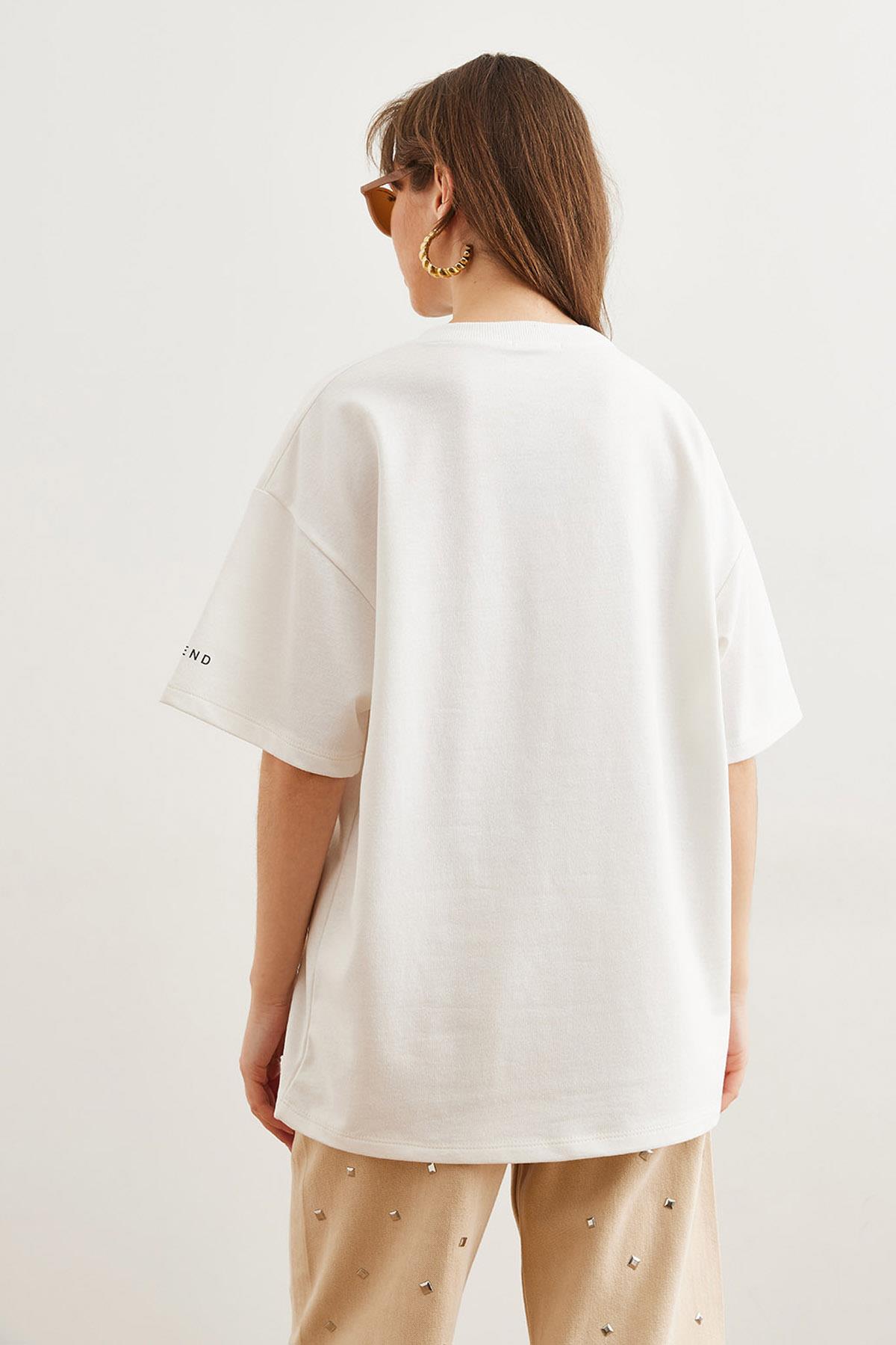 Ön Arka Baskılı 2 iplik Unisex Oversize Tişört Ekru Leopar