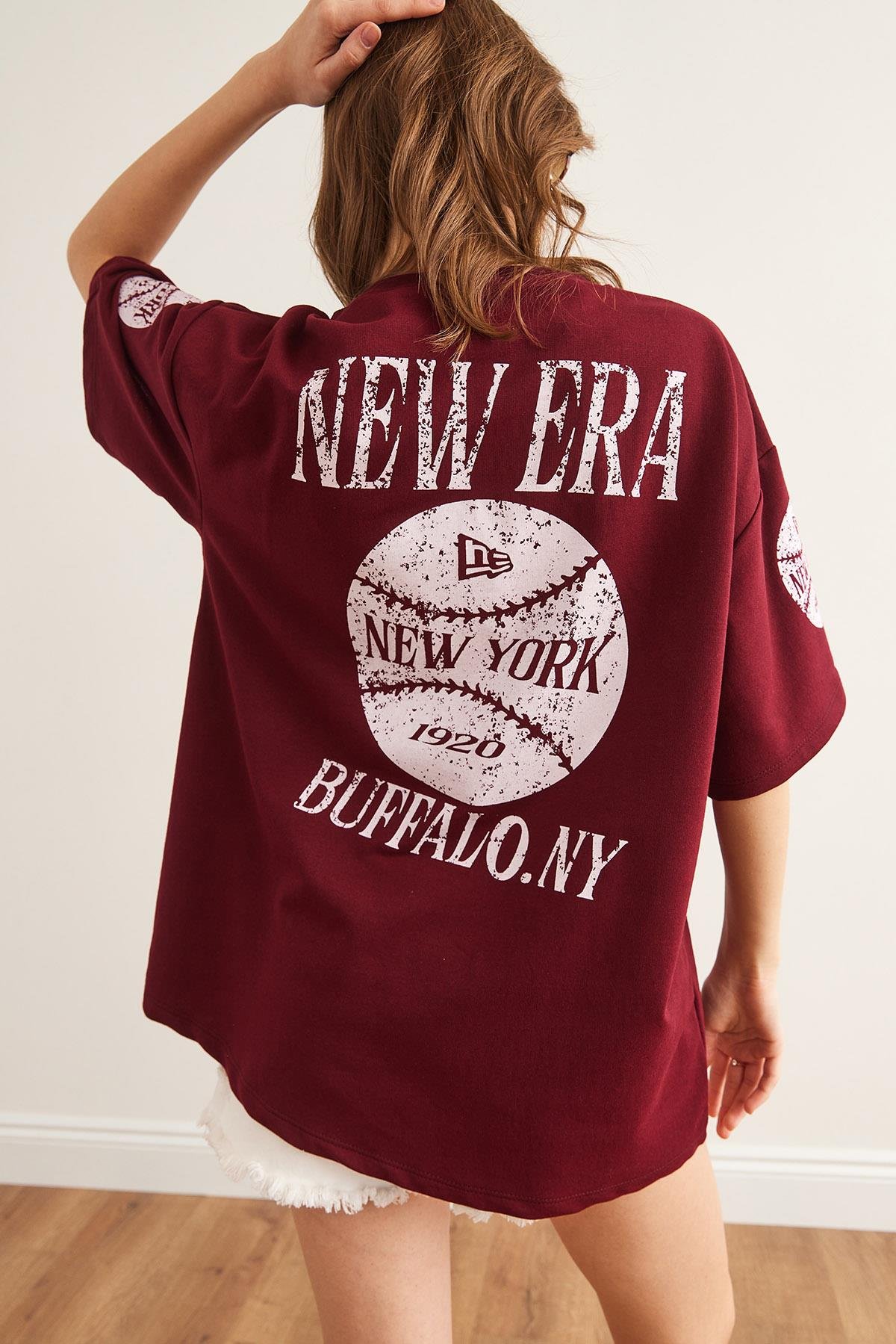 Ön Arka Baskılı 2 iplik Unisex Oversize Tişört Newyork Bordo