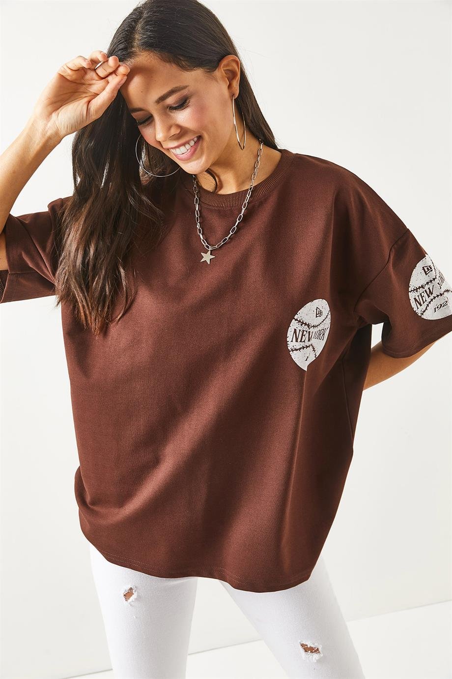 Ön Arka Baskılı 2 iplik Unisex Oversize Tişört Newyork Acı Kahve
