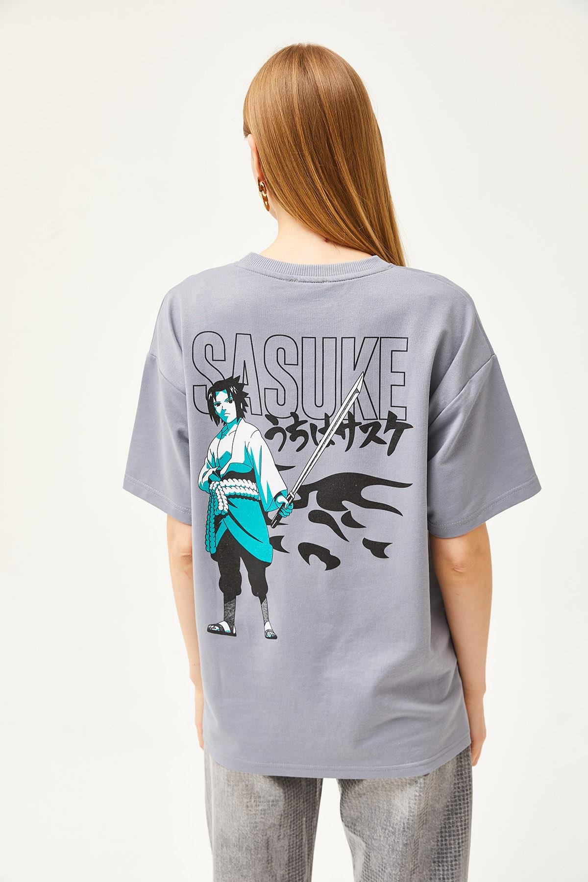 Ön Arka Baskılı 2 iplik Unisex Oversize Tişört Japon Gri