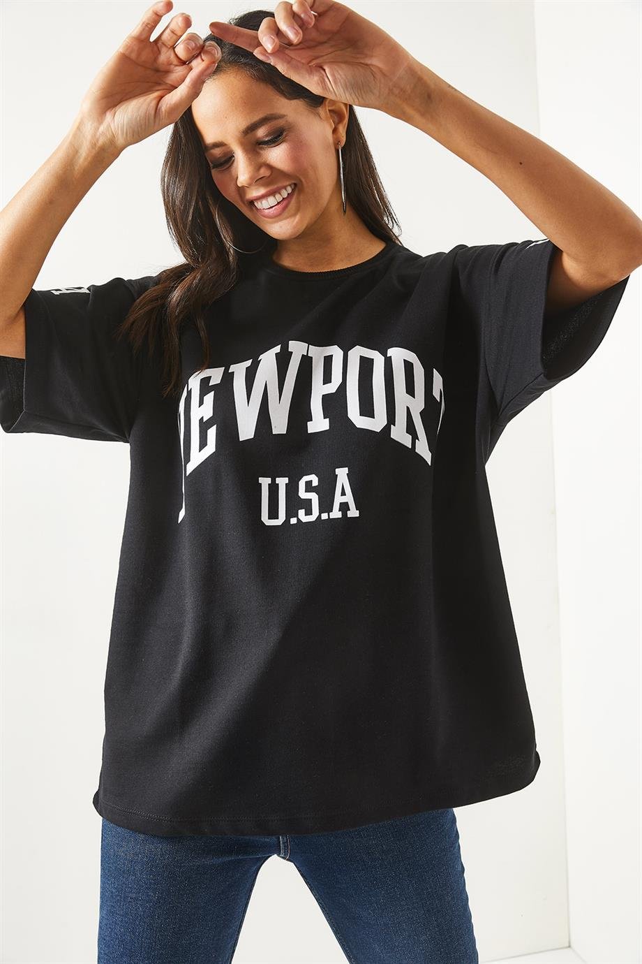 Ön Arka Baskılı 2 iplik Unisex Oversize Tişört Newport Siyah