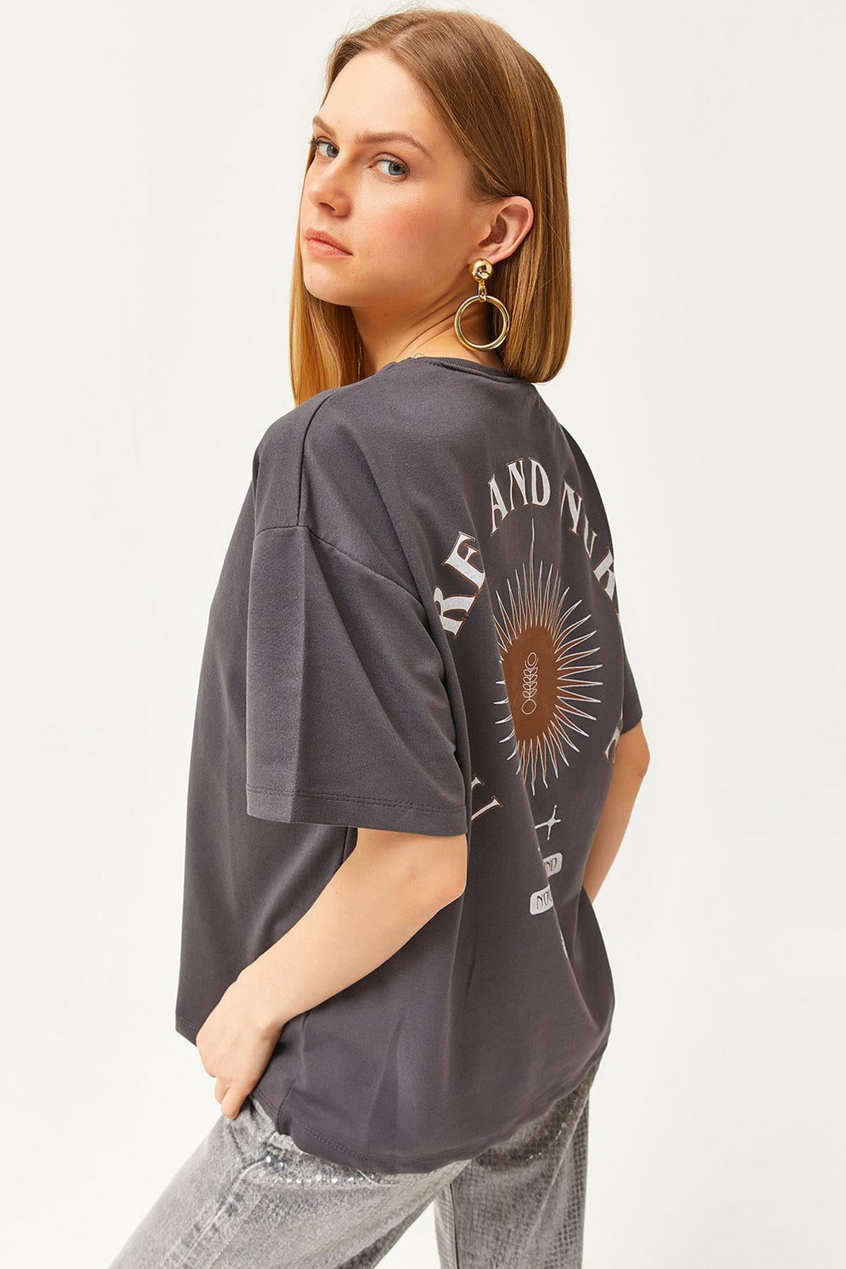Ön Arka Baskılı 2 iplik Unisex Oversize Tişört Sembol Füme