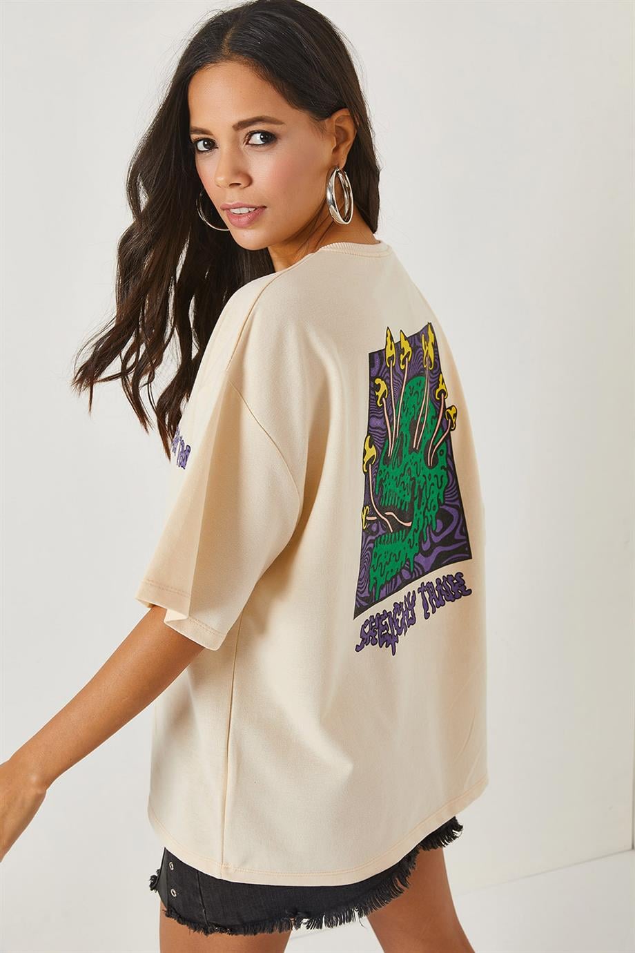 Ön Arka Baskılı 2 iplik Unisex Oversize Tişört Kuru Kafa Bej