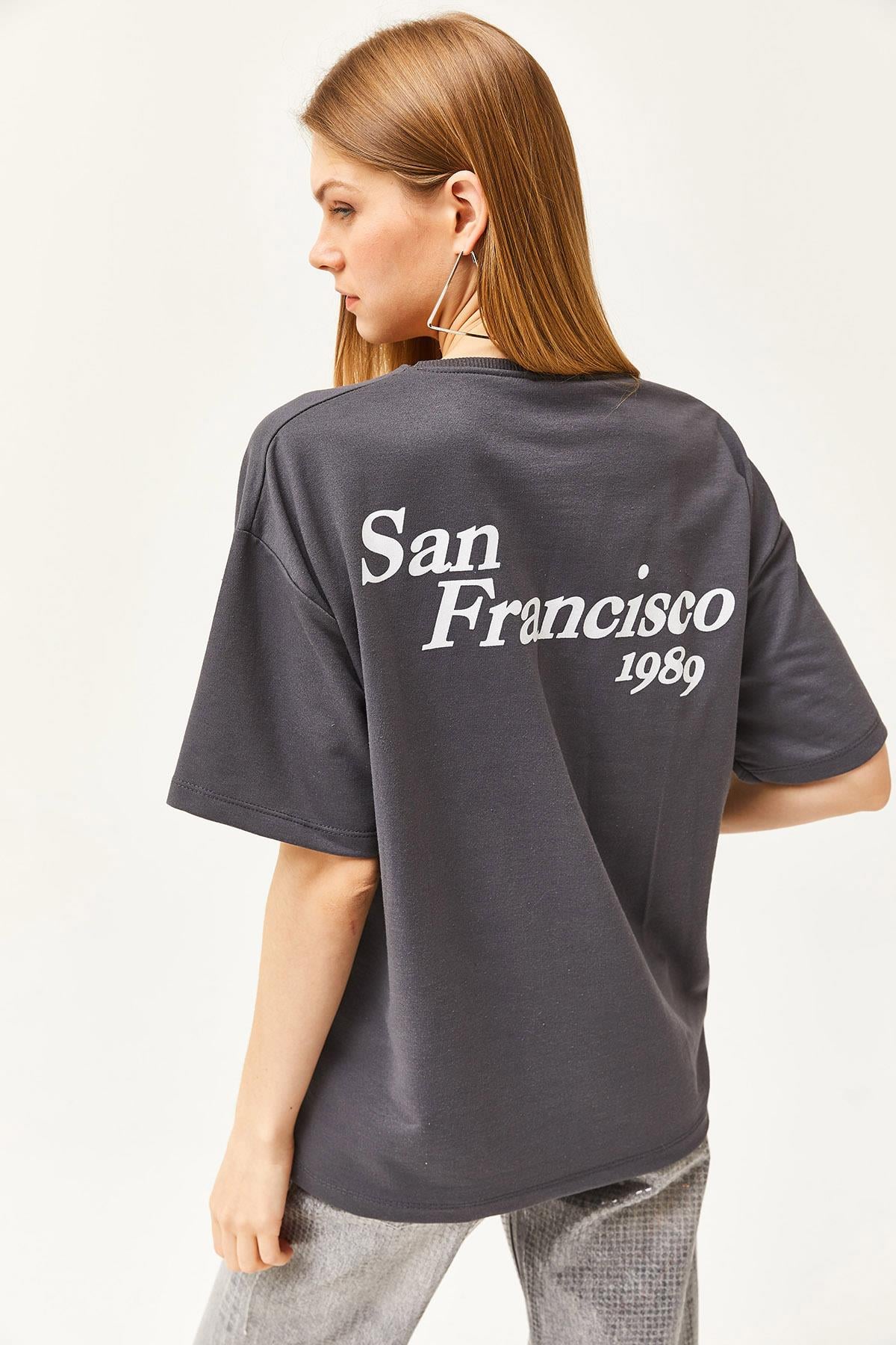 Ön Arka Baskılı 2 iplik Unisex Oversize Tişört Yıldız Füme