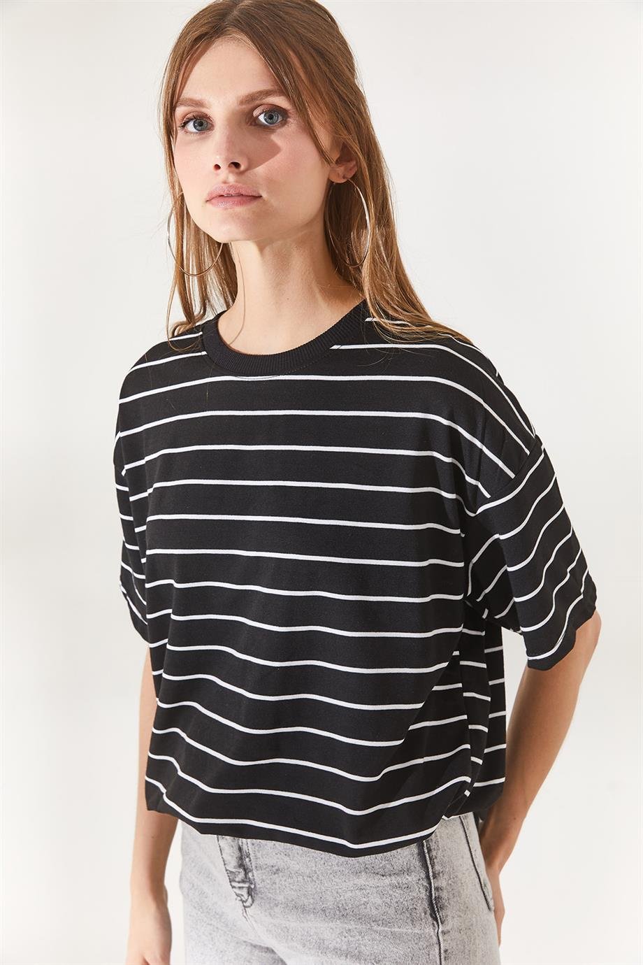 Ön Arka Baskılı 2 iplik Unisex Oversize Tişört Çizgili Siyah
