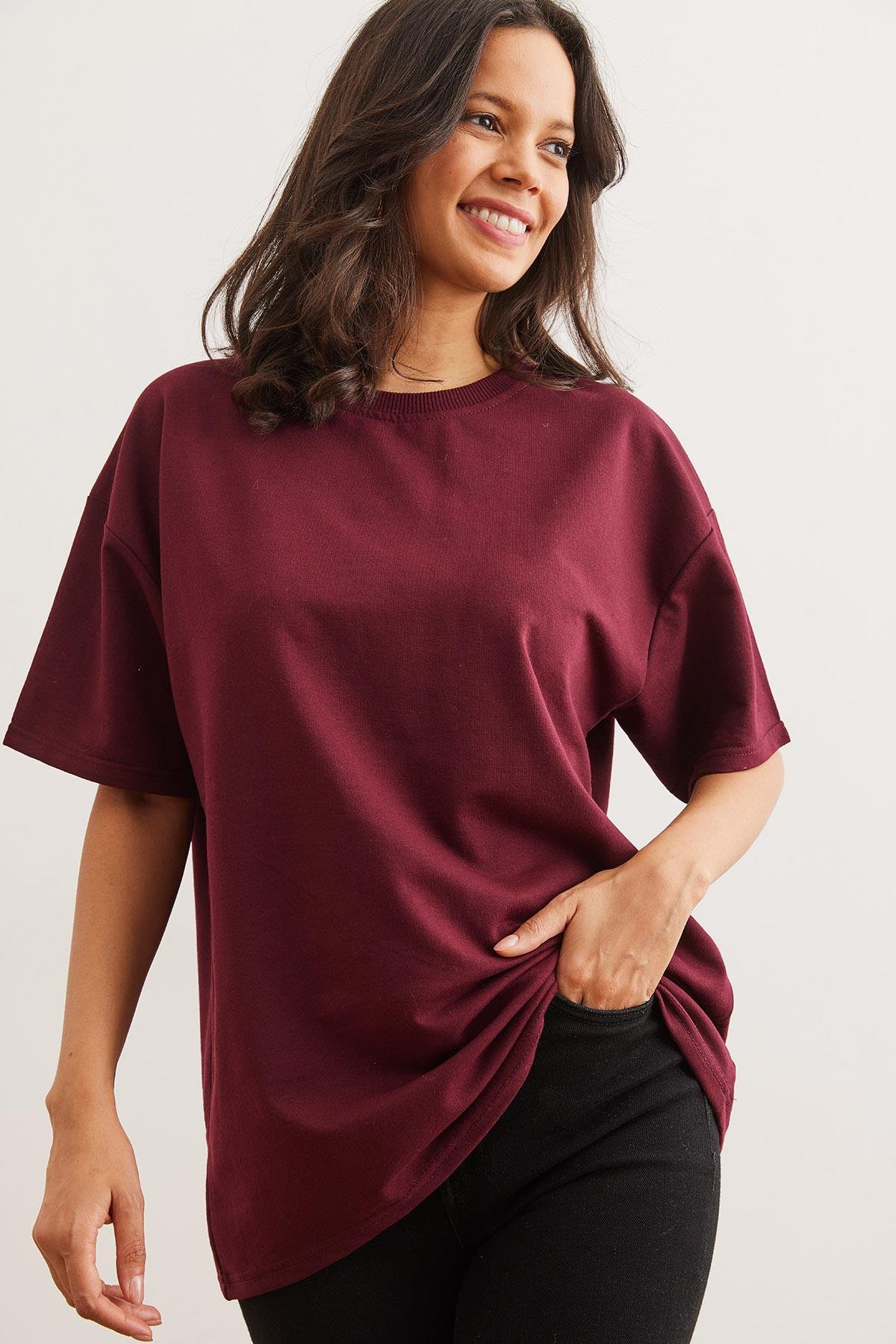 Ön Arka Baskılı 2 iplik Unisex Oversize Tişört Bordo