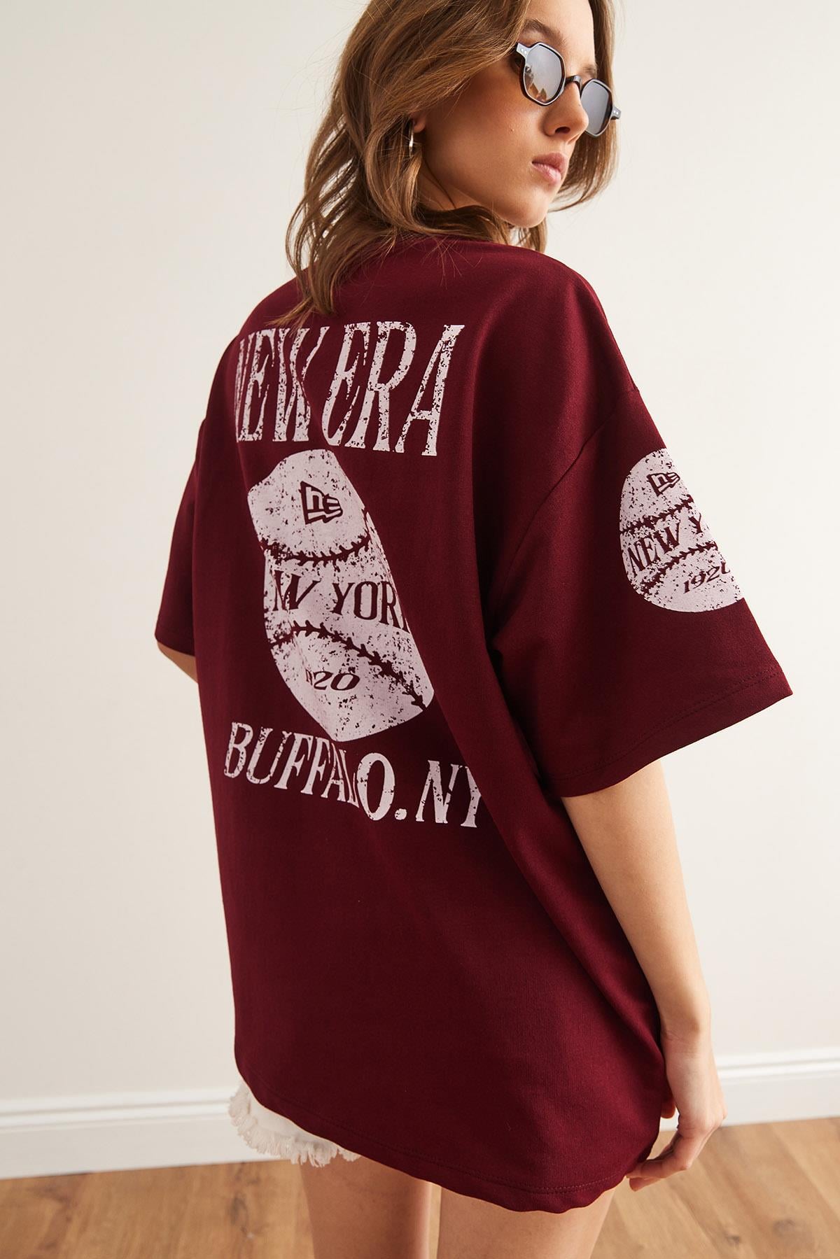 Ön Arka Baskılı 2 iplik Unisex Oversize Tişört Newyork Bordo