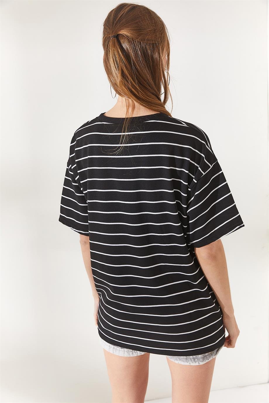 Ön Arka Baskılı 2 iplik Unisex Oversize Tişört Çizgili Siyah
