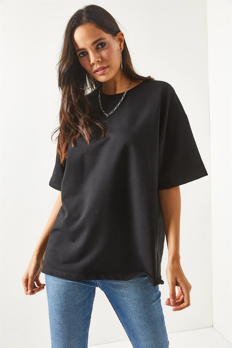 Ön Arka Baskılı 2 iplik Unisex Oversize Tişört Düz Siyah