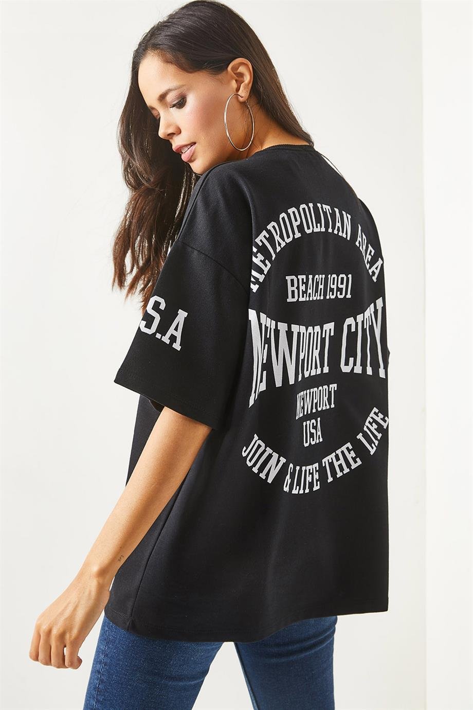 Ön Arka Baskılı 2 iplik Unisex Oversize Tişört Newport Siyah