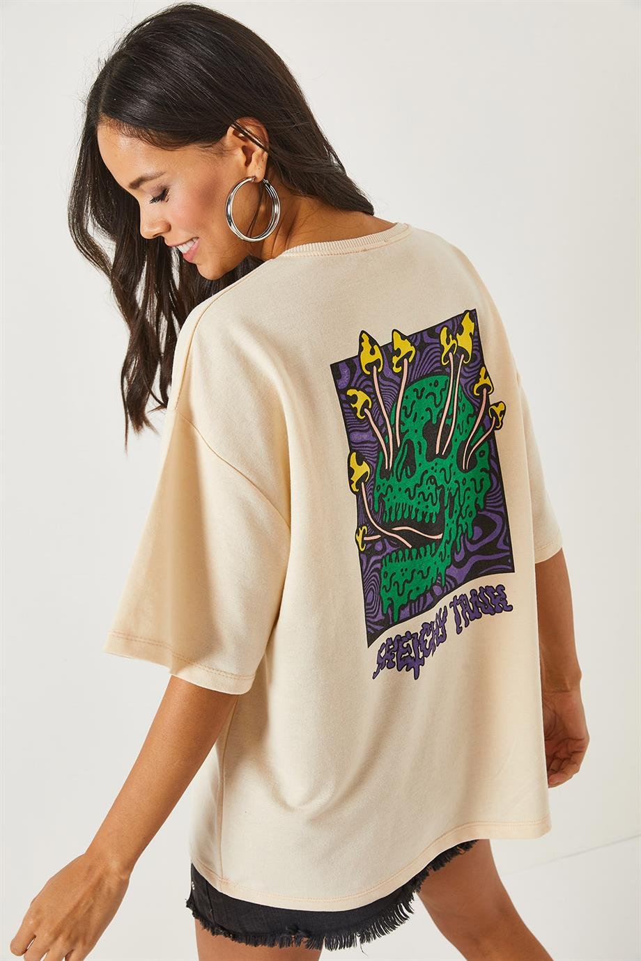 Ön Arka Baskılı 2 iplik Unisex Oversize Tişört Kuru Kafa Bej