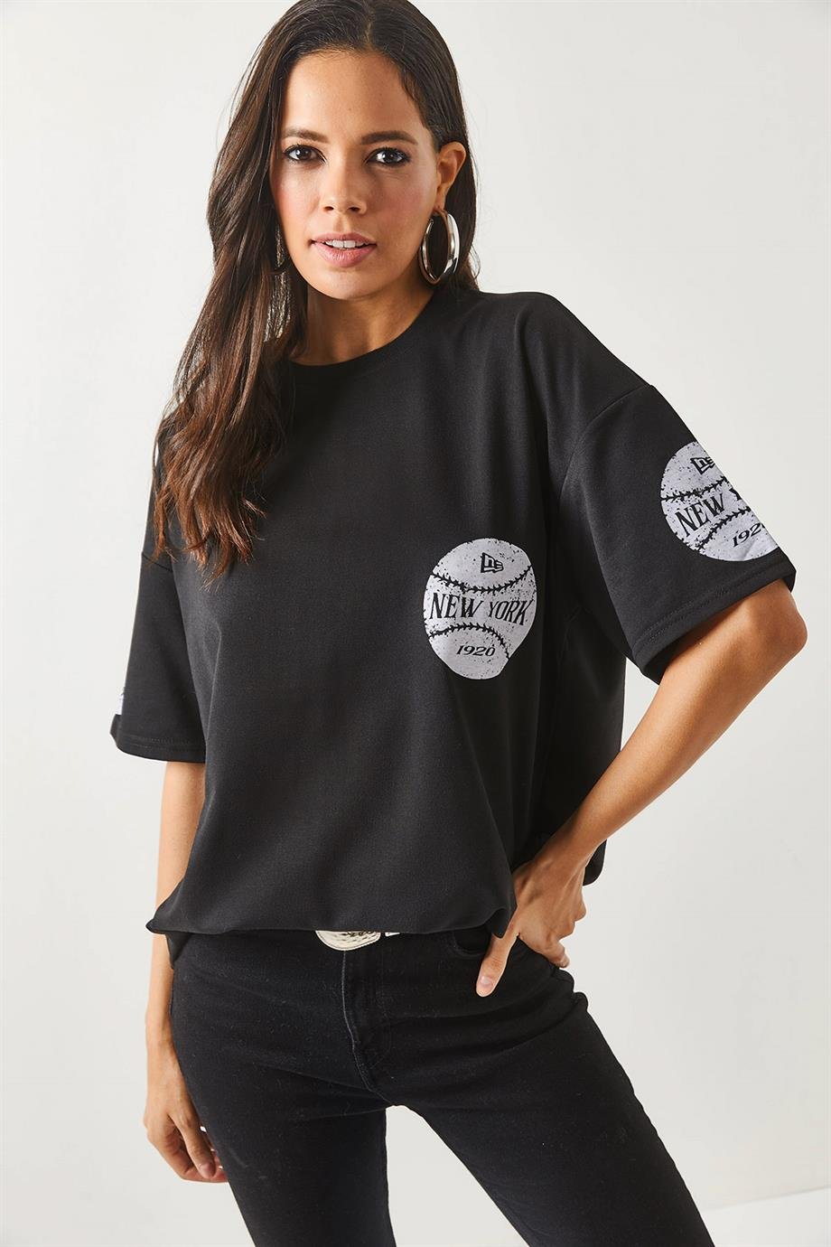 Ön Arka Baskılı 2 iplik Unisex Oversize Tişört Newyork Siyah