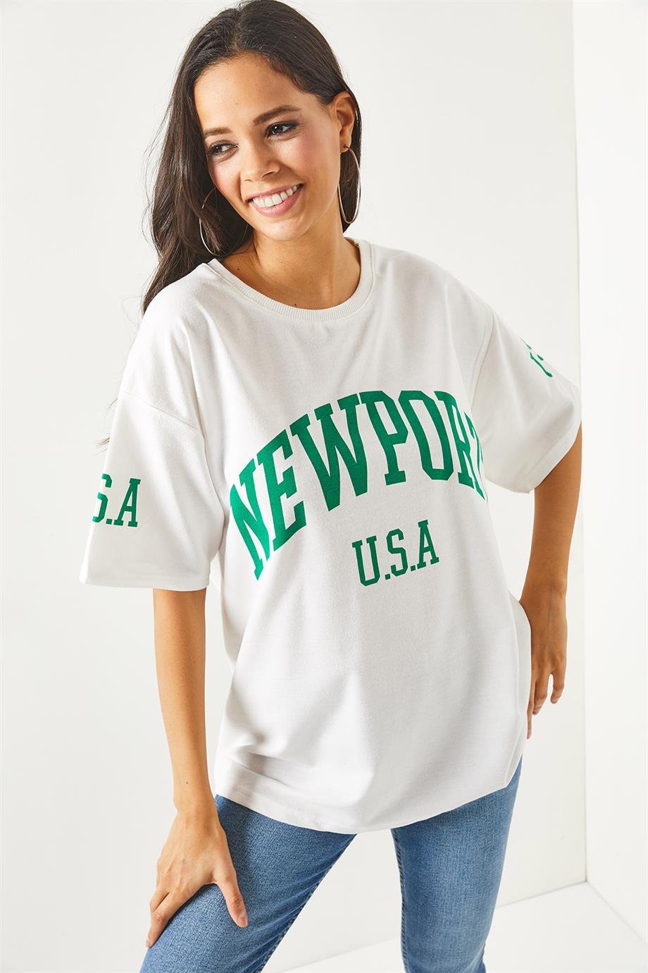 Ön Arka Baskılı 2 iplik Unisex Oversize Tişört Newport Beyaz