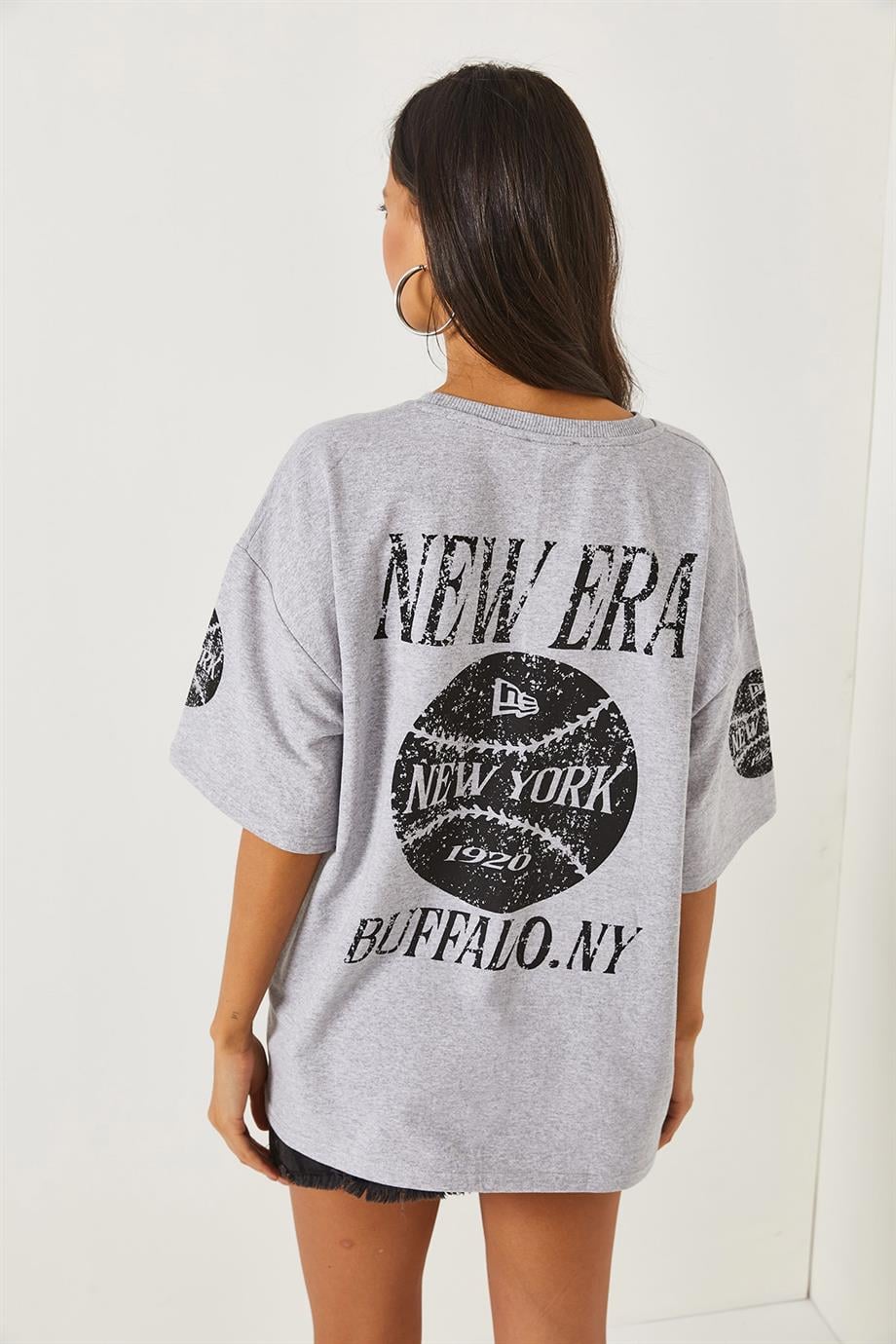 Ön Arka Baskılı 2 iplik Unisex Oversize Tişört Newyork Gri