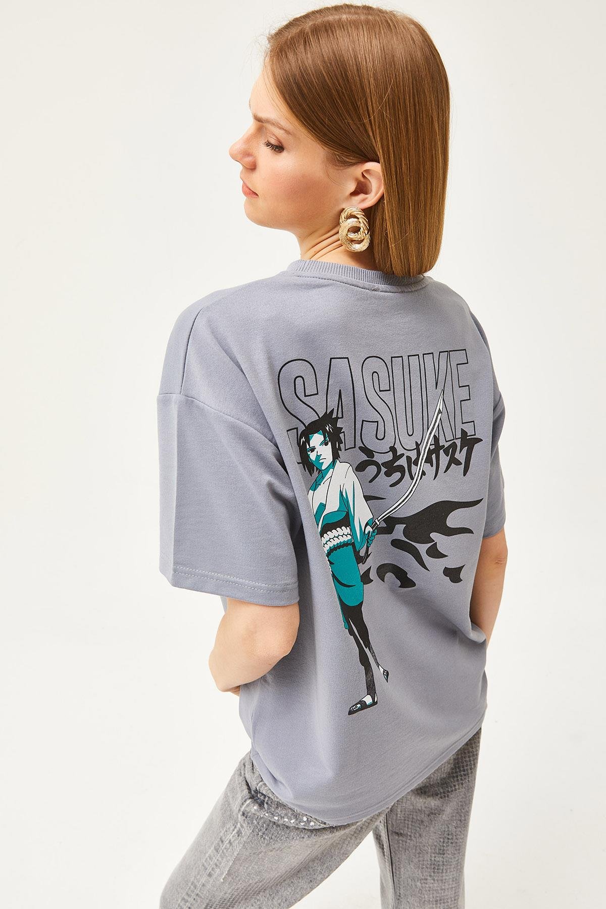 Ön Arka Baskılı 2 iplik Unisex Oversize Tişört Japon Gri