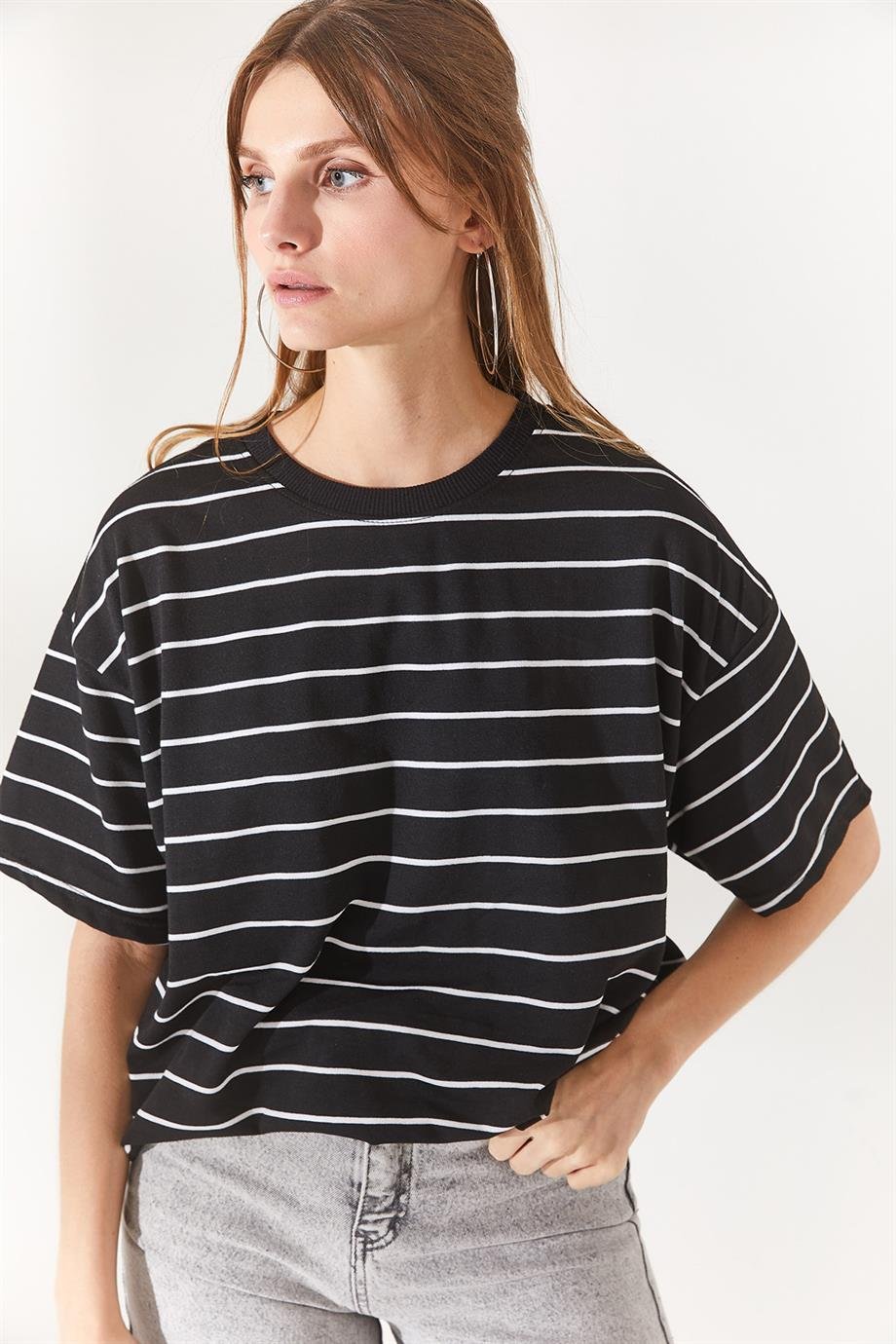 Ön Arka Baskılı 2 iplik Unisex Oversize Tişört Çizgili Siyah